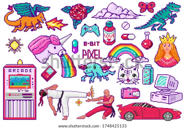 Pixel art 8 bit objects. Retro digital game assets.\
Set of Pink fashion icons. Vintage girly stickers. Arcades Computer\
video. Characters dinosaur pony rainbow unicorn dragon. Japanese\
Karate and car.