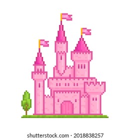 Pixel art 8 bit pink girly castle vector icon. Pixel fortresses with towers for retro video game design. Cartoon style illustration isolated on white