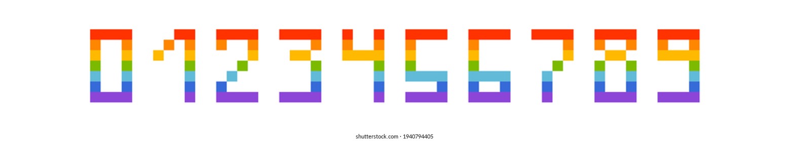 Pixel art 8 bit rainbow 0 to 9 number font isolated on white background. Old school vintage retro 80s-90s slot machine, 2d video game graphics typeface. Count learning.
