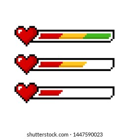 Pixel Art 8 Bit Red Yellow Green Health Heart Bar Set - Isolated Vector Illustration