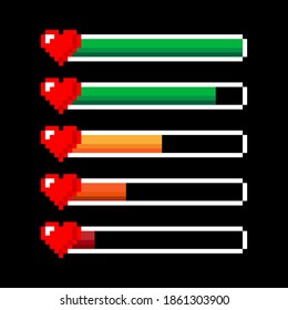 Pixel art 8 bit red yellow green health heart progression bar set - isolated vector illustration	
