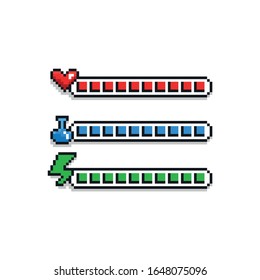 Pixel art 8 bit retro styled game design interface set - red health indicator with heart, blue label with potion and green energy loading bar - isolated items