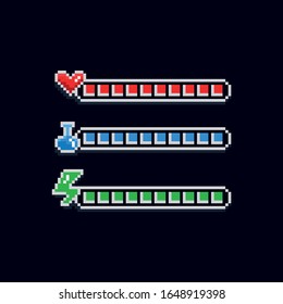 Pixel art 8 bit retro styled game design interface set - red health indicator with heart, blue mana label with potion and green energy loading bar - isolated items