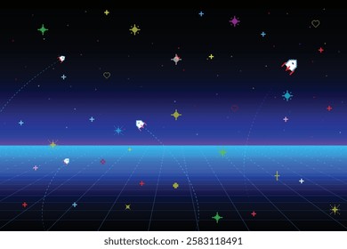 Pixel art. 8 bit. retro game. for game assets in vector illustrations. Retro Futurism Sci-Fi Background. glowing neon grid and star from vintage arcade computer games.