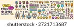Pixel art 8 bit space elements. Color images of UFO, invaders, spaceships, and other game elements.