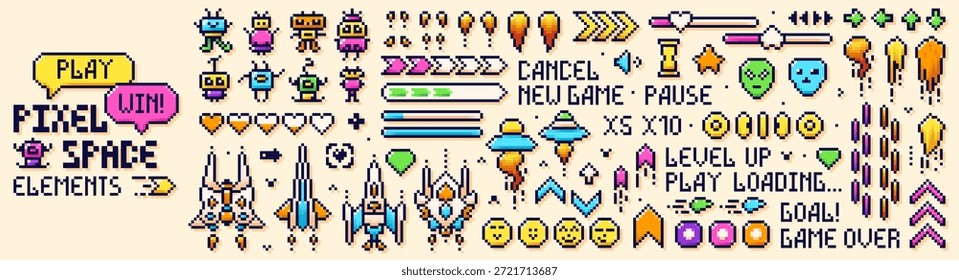 Elementos de espaço de 8 bits Pixel art. Imagens coloridas de OVNIs, invasores, naves espaciais e outros elementos do jogo.