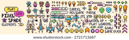 Pixel art 8 bit space elements. Color images of UFO, invaders, spaceships, and other game elements.