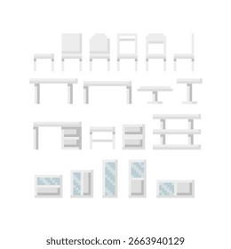 Pixel Art 8-Bit-Stil. Set von Möbeln, Stuhl, Tisch und Schrank.
