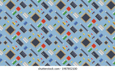Pixel art 8 bit top view pattern vector editable circuit board electronic elements background retro illustration geometric 