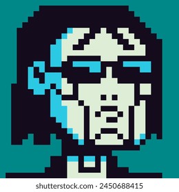 Pixel Art 80-s Portrait Humanoid Girl mit, Kryptokunst, 8-bit, weibliche Figur, Avatar, Cartoon-Vektorgrafik-Ikone, Spielbenutzer, Web-Profil Personen, Menschen, Social-Net-Portrait, Frauengesicht in Brille, minimal