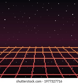 Pixel art of 80s Retro sci-Fi background. Pixel art background. 8bit. Pixel vector illustration