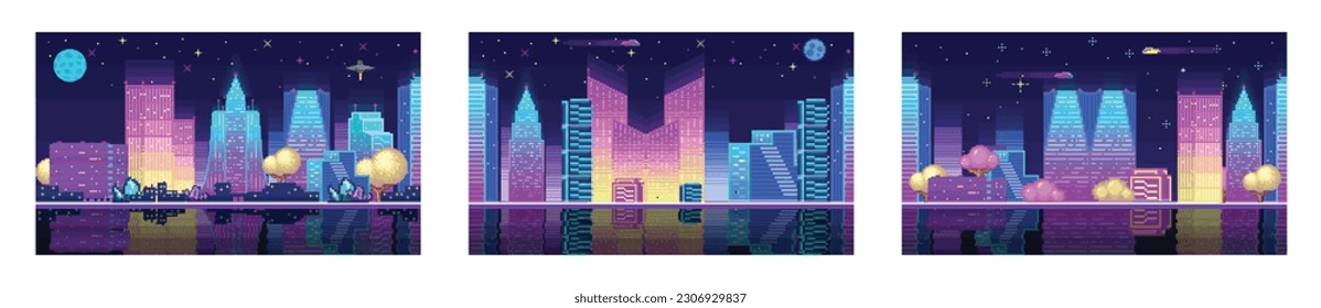 Pixel art of 80s Retro sci-fi background. Pixel city. Pixel art background. 8bit pixelated evening cityscape neon for video game design pixel nighttime with modern skyscrapers Game backgrounds set