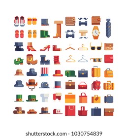 Pixel art 80s style fashion shopping icons set. Women's and men's accessories bag hat and shoes icon. Isolated vector illustration. Design for stickers, logo shop, embroidery, mobile app. 8-bit sprite