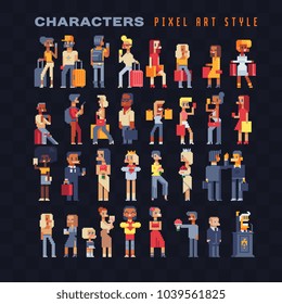 Pixel art 80s style people video game characters set design on the topic shopping traveling business. Various male and female character, girls and men. Isolated vector illustration. Game assets 8-bit.