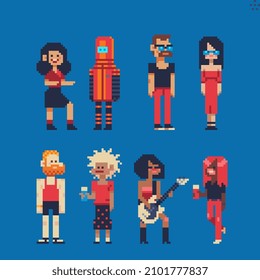 Pixel art 80s estilo personas personajes de videojuegos establecen el diseño del tema de la compra de viajes de negocios. Diversos personajes masculinos y femeninos, niñas y hombres. Ilustración vectorial aislada. Activos de juego de 8 bits.