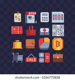 Pixel art 80s style set of web icons for business and finance. Marketing items, banking accounting and money objects. Isolated vector illustration. Game assets 8-bit sprite.