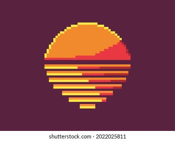 Pixel art 80s sunset. 8-bit sun synthwave and retrowave style. Design for printing, wrapping paper and advertising. Vector illustration