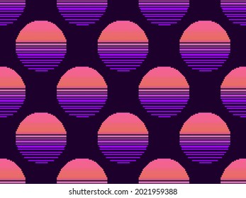 Pixel art 80s sunset seamless pattern. 8-bit sun synthwave and retrowave style. Design for printing, wrapping paper and advertising. Vector illustration