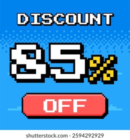 Pixel art 85% discount banner in retro video game style. Perfect for sales, promotions, and e-commerce deals