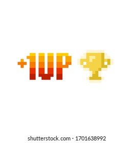 Pixel art  8-bit 1 level up and winner golden cup icon on white background - isolated vector illustration