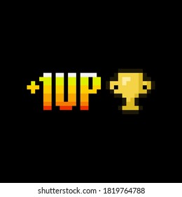 Pixel art 8-bit 1 level up and winner golden cup icon on black background - isolated vector illustration	