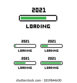 Pixel art 8-bit 2021 year loading bar set. Different stages - editable isolated vector illustration