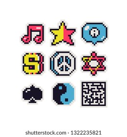 Pixel art 8-bit abstract icons set musical note, star, dollar sign, yin yang symbol and QR Code. Sticker design pack. Design for logo, stamp, web, app, badges and patches. Isolated vector illustration