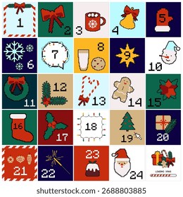 Pixel Art 8bit Adventskalender mit festlichen Symbolen für einen Vintage-Feiertagscountdown