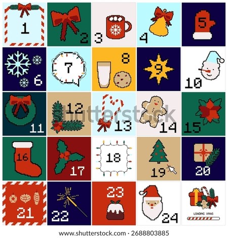 Pixel art 8bit advent calendar with festive icons for a vintage holiday countdown