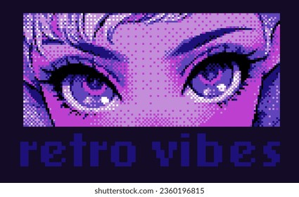 Pixel art 8-bit anime eyes of a cartoon girl. Vaporwave the 90's retro style vector print for t-shirt, cover or poster.