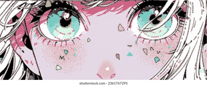 Pixel art 8-bit anime eyes of a cartoon girl. Vaporwave retro style vector print for t-shirt, cover or poster.