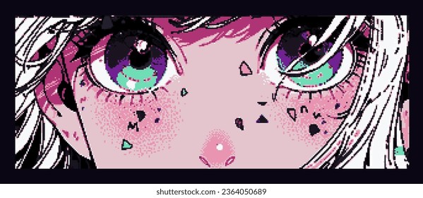 Pixel art 8-bit anime eyes of a cartoon girl. Vaporwave retro style vector print for t-shirt, cover or poster.