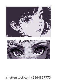 Pixel art 8-bit anime eyes of a cartoon girl. Vaporwave retro style vector print for t-shirt, cover or poster.