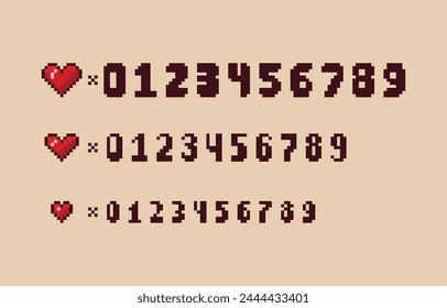 Pixel art 8-bit Arcade game elements of different size heart icons and numeric alphabet. loading bar or item indicator. Heart and energy element. Retro video game menu elements in 80s - 90s style