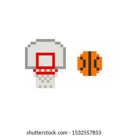 Pixel art 8-bit basketball ring with ball on white background - isolated vector illustration