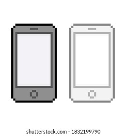 Pixel art 8-bit black and white phones set, modern smartphone - isolated editable vector illustration