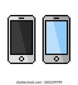 Pixel art 8-bit black and white phones set, modern smartphone - isolated vector illustration	