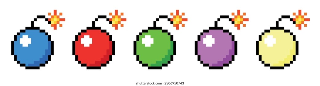 Pixel art 8-bit.Set de una bomba de diferentes colores.Ilustración de arte pop. Concepto de Logotipo de visión creativa. 
