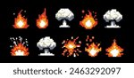 Pixel art 8-bit bursts of explosion and fire isolated on black background. Explosion animation for retro video game design.