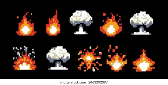 Pixel art 8-bit bursts of explosion and fire isolated on black background. Explosion animation for retro video game design.