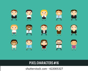 Pixel art 8-bit business people, office characters with different gender, skin color and appearance