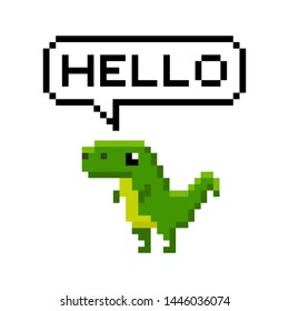 Pixel-Art 8-Bit-Cartoon-Dinosaurier, der hallo sagt - einzelne Vektorillustration