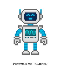 Pixel art 8-bit cartoon robot boy icon in retro style isolated vector illustration. Cute robot assistant character for mascot design. Retro game design