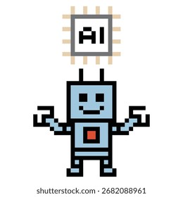 Pixel art 8bit cartoon robô ou AI aprender habilidade com bate-papo robô vetor personagem tecnologia fundo 8 bits.