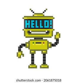 Los robots de dibujos animados de 8 bits de Pixel art en estilo retro dice hola - ilustración vectorial aislada. Personaje de asistente de robot verde suave para diseño de mascota. Carácter de juego retro	