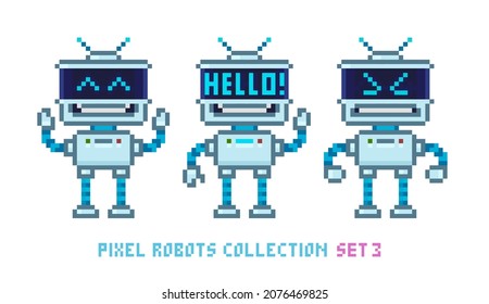 Robots de dibujos animados de 8 bits de arte píxeles en estilo retro con emociones divertidas ilustraciones vectoriales aisladas. Personaje auxiliar de robot con forma de mascota