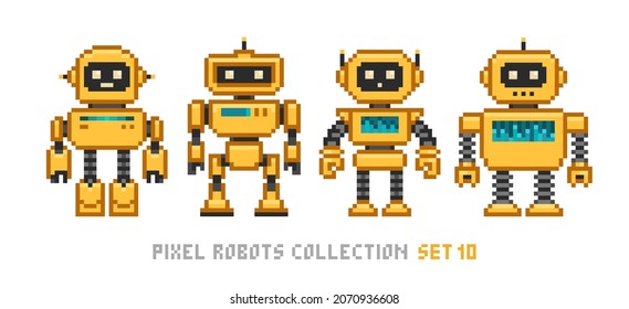 Pixel art 8-bit cartoon yellow robots in retro style isolated vector illustration. Cute robot assistant character for mascot design	
