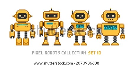 Pixel art 8-bit cartoon yellow robots in retro style isolated vector illustration. Cute robot assistant character for mascot design	
