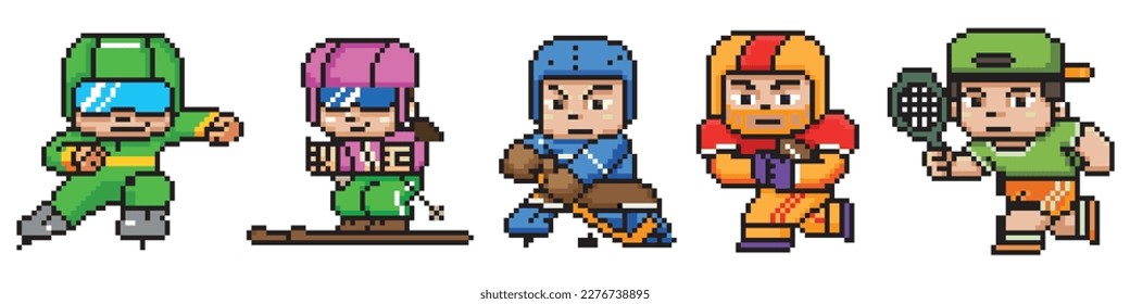 Pixel art 8-bit.Set de personajes de diferentes deportes y en diferentes colores.Ilustración de arte pop con puntos.Concepto de Logotipo de visión creativa.