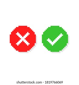 Pixel art 8-bit check mark and cross mark. Tick and cross sign. Circle shape YES and NO button. - isolated vector illustration